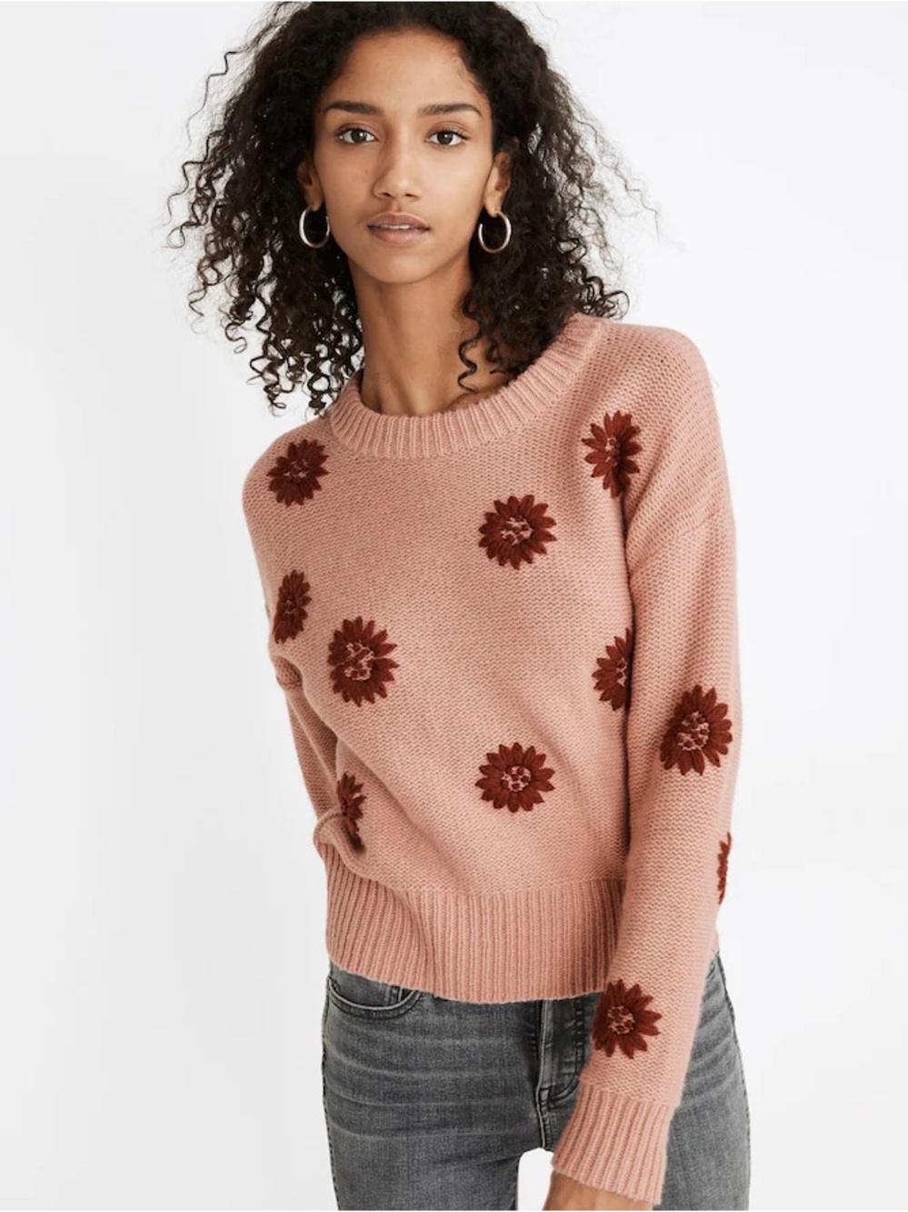 Madewell Dusty Rose Crewneck Sweater with Rust Floral Embroidery - Picture 1 of 6